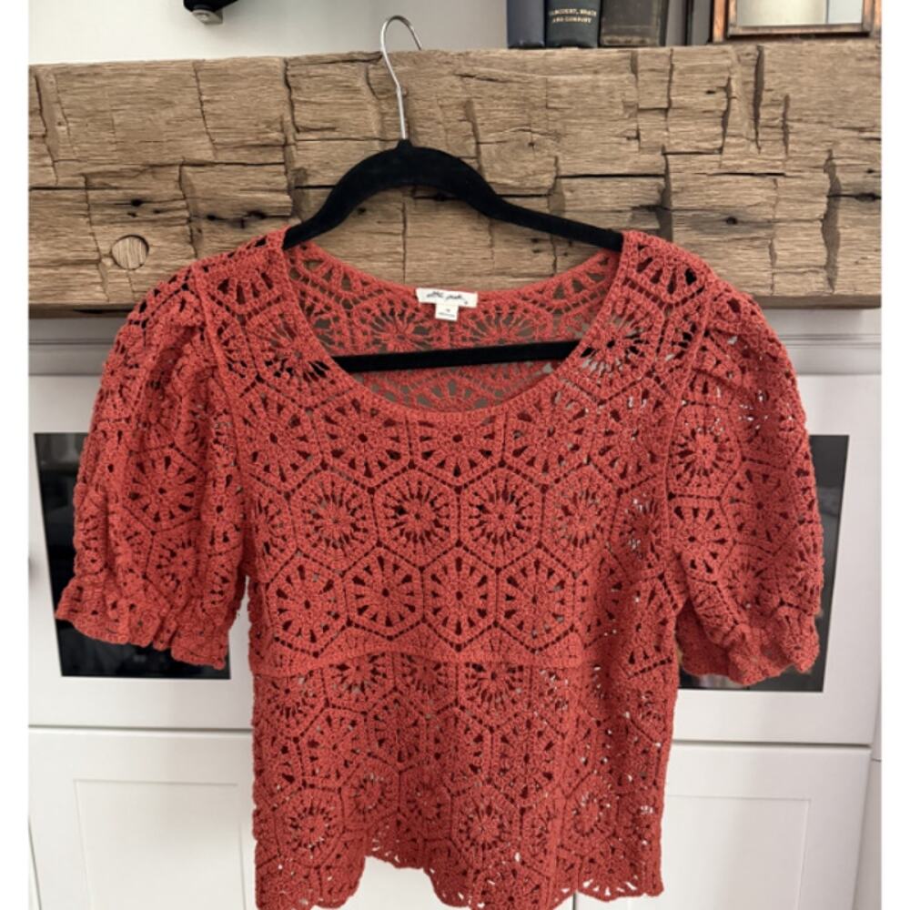 Ultra Pink Burnt Sienna Crochet Crop Top Puff Sleeves Scallop Hem Size M - Picture 1 of 6